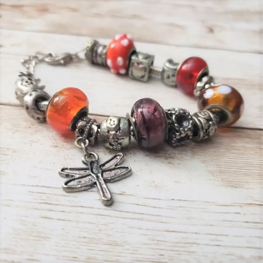 Vintage Dragonfly Charm Bracelet Silver Tone & Orange/Red Beads